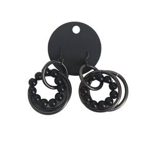Black & Gunmetal Gray Metal Beaded Interlocked Multiple Hoops Dangle Earrings